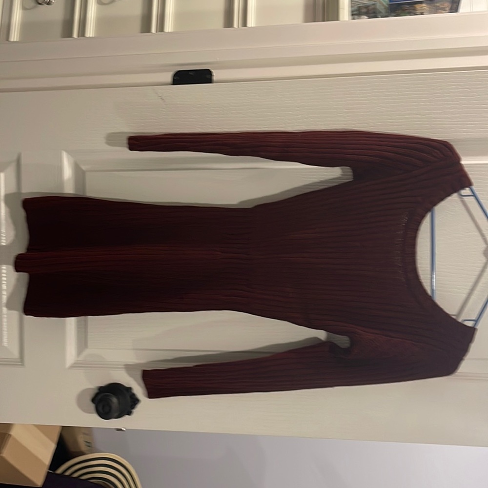 Dark burgundy sweater dress with scoop back